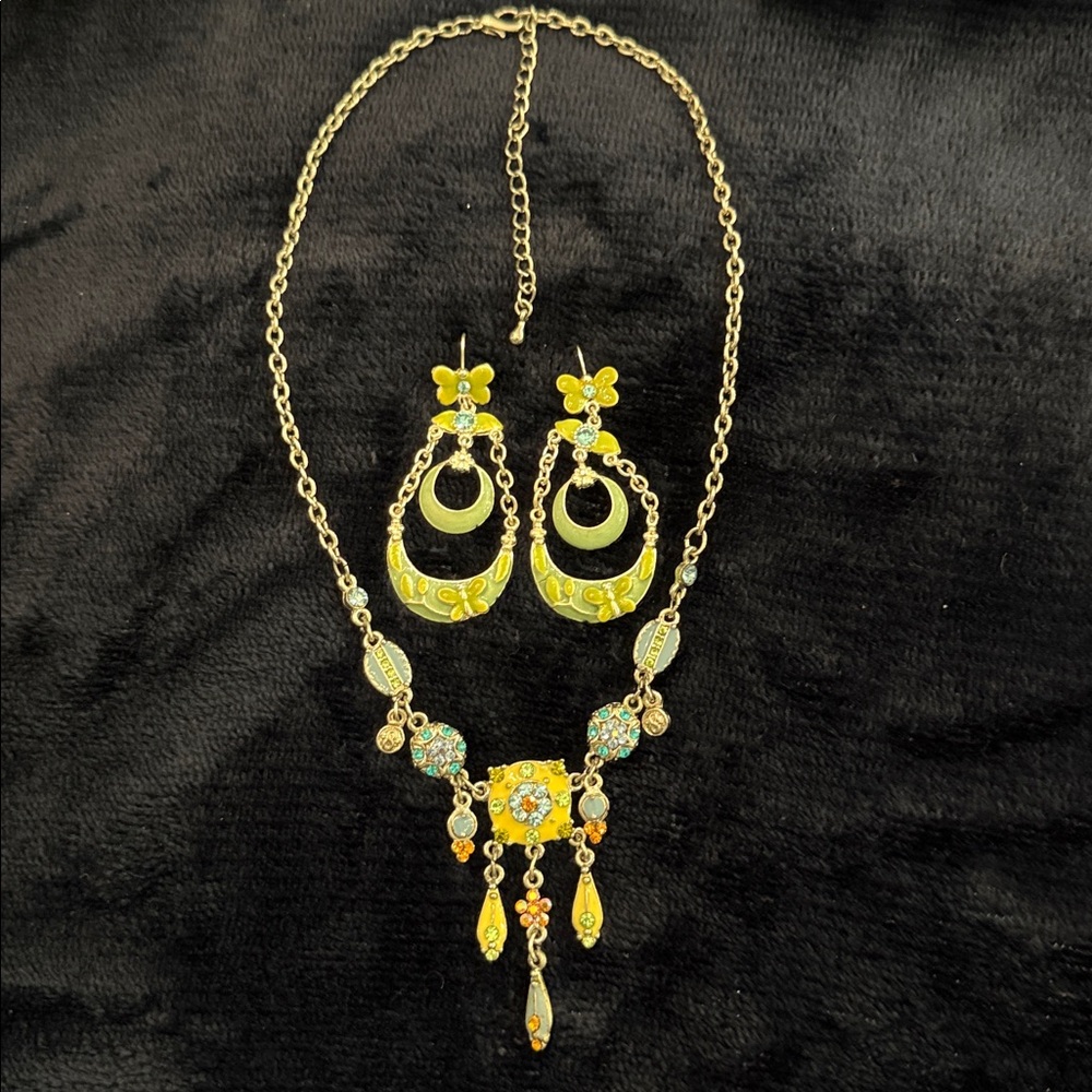 Boho Statement Necklace & Earrings. Yellow,Green,Blue Crystal Dangle NWOT